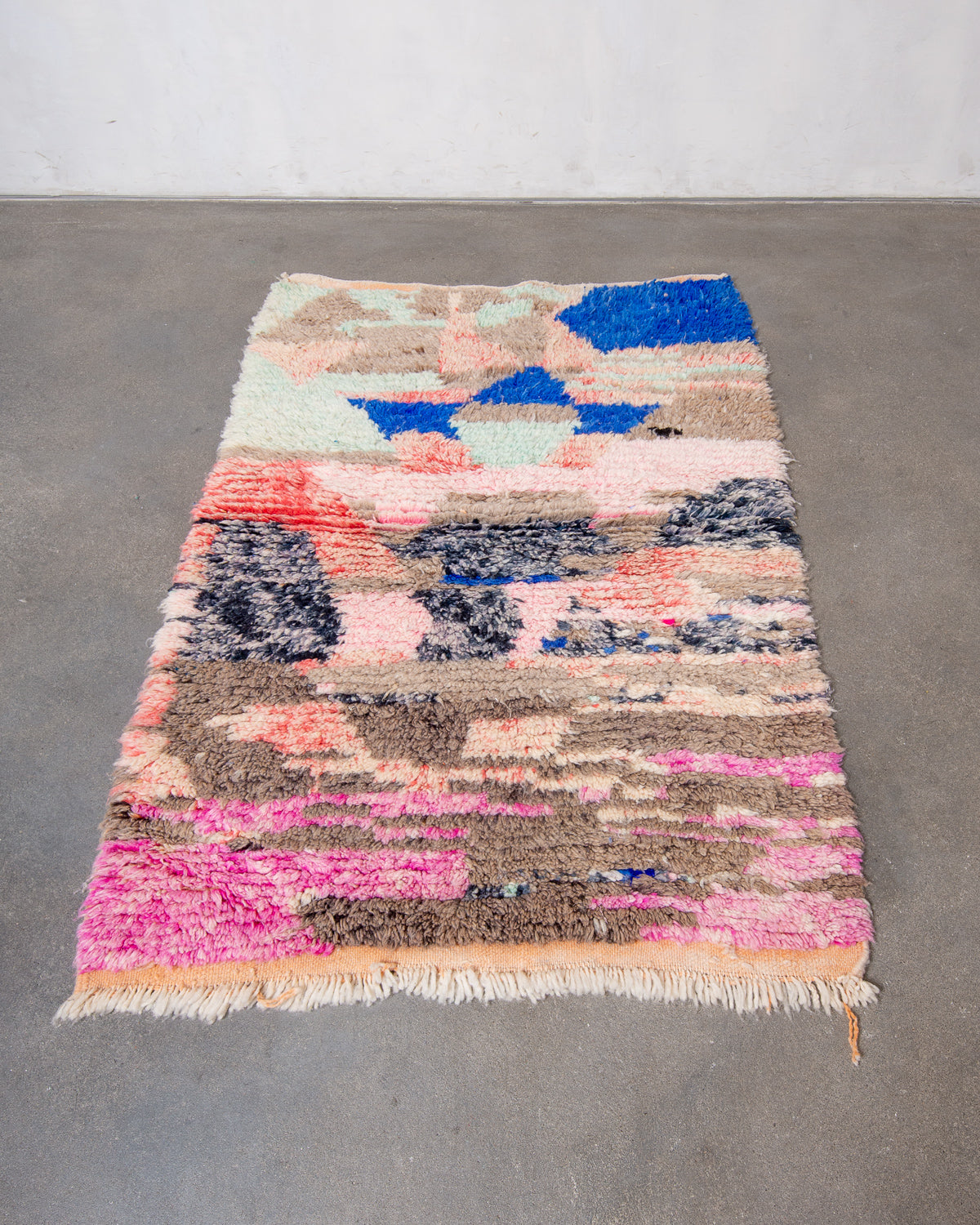Modern, designer, handcrafted Berber rug from Morocco. Vintage carpet with beautiful colours and patterns and fluffy texture.